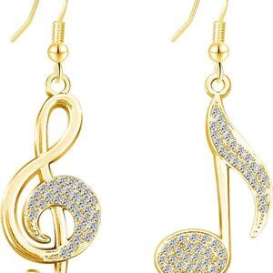 Gold Sparkly Crystal Music Note Dangle Earrings with Rhinestones for Women